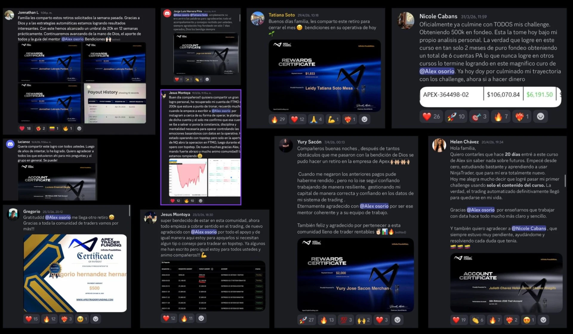 Capturas de testimonios y retiros de alumnos de Alex Osorio